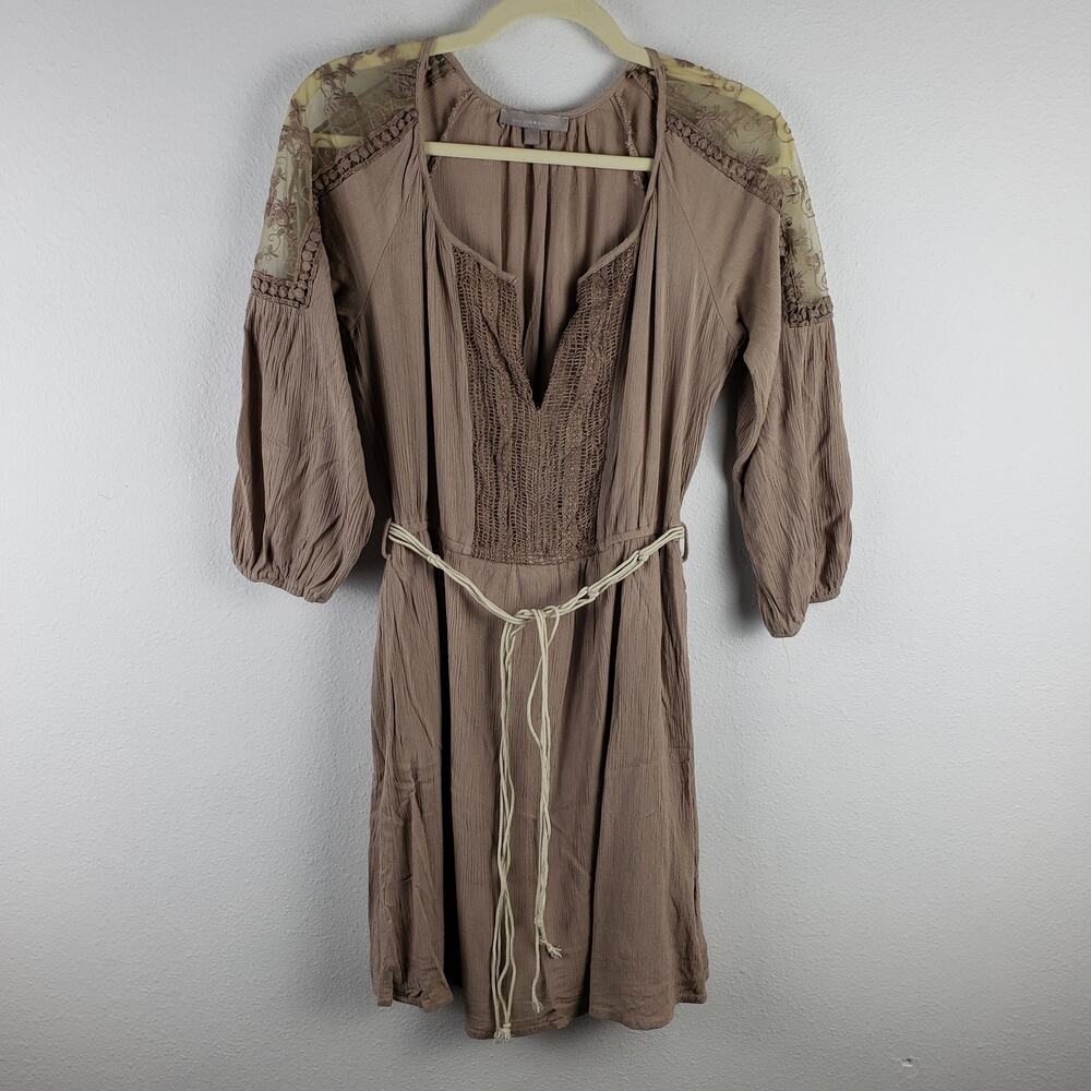 Purple Snow Women's L Long Sleeve Peasant Dress Natural Beige Pleat Lace Prairie